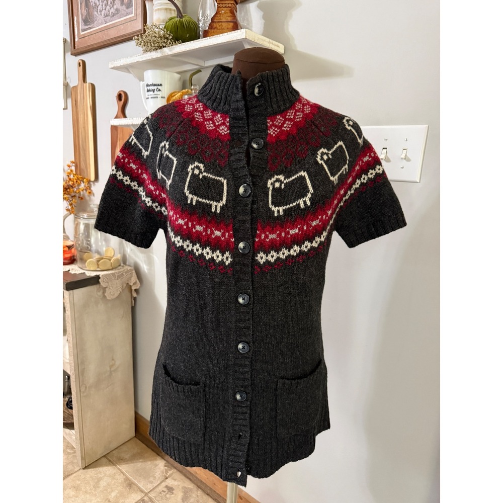 Vintage Woolrich Cardigan women's M Gray Fair Isle Sheep Sweater Tunic wool